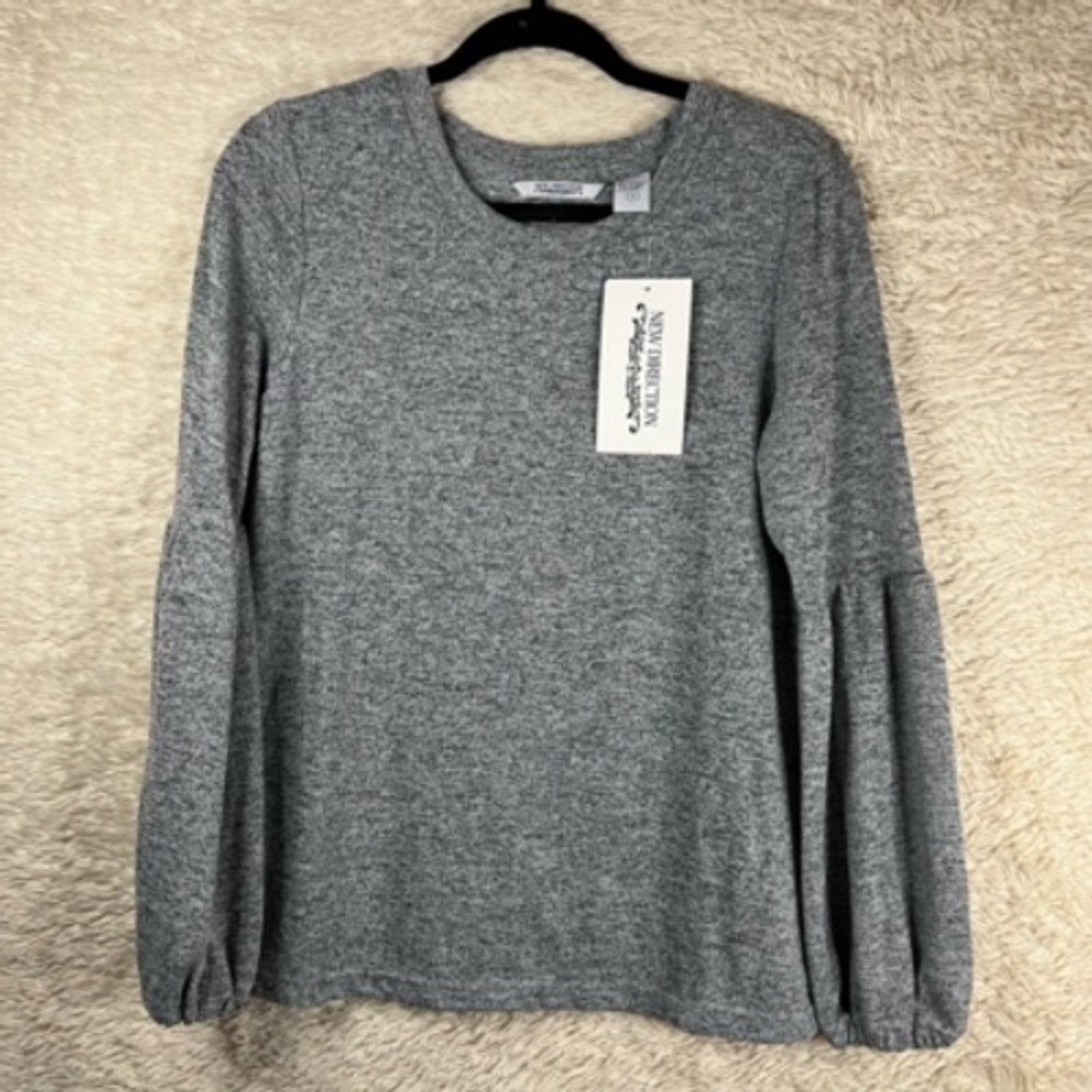 New Directions‎ Womens Blouse Gray Heathered Bishop Sleeve Crew Neck S New